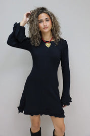 Jurk Lange Mouwen Ruffle Detail Zwart