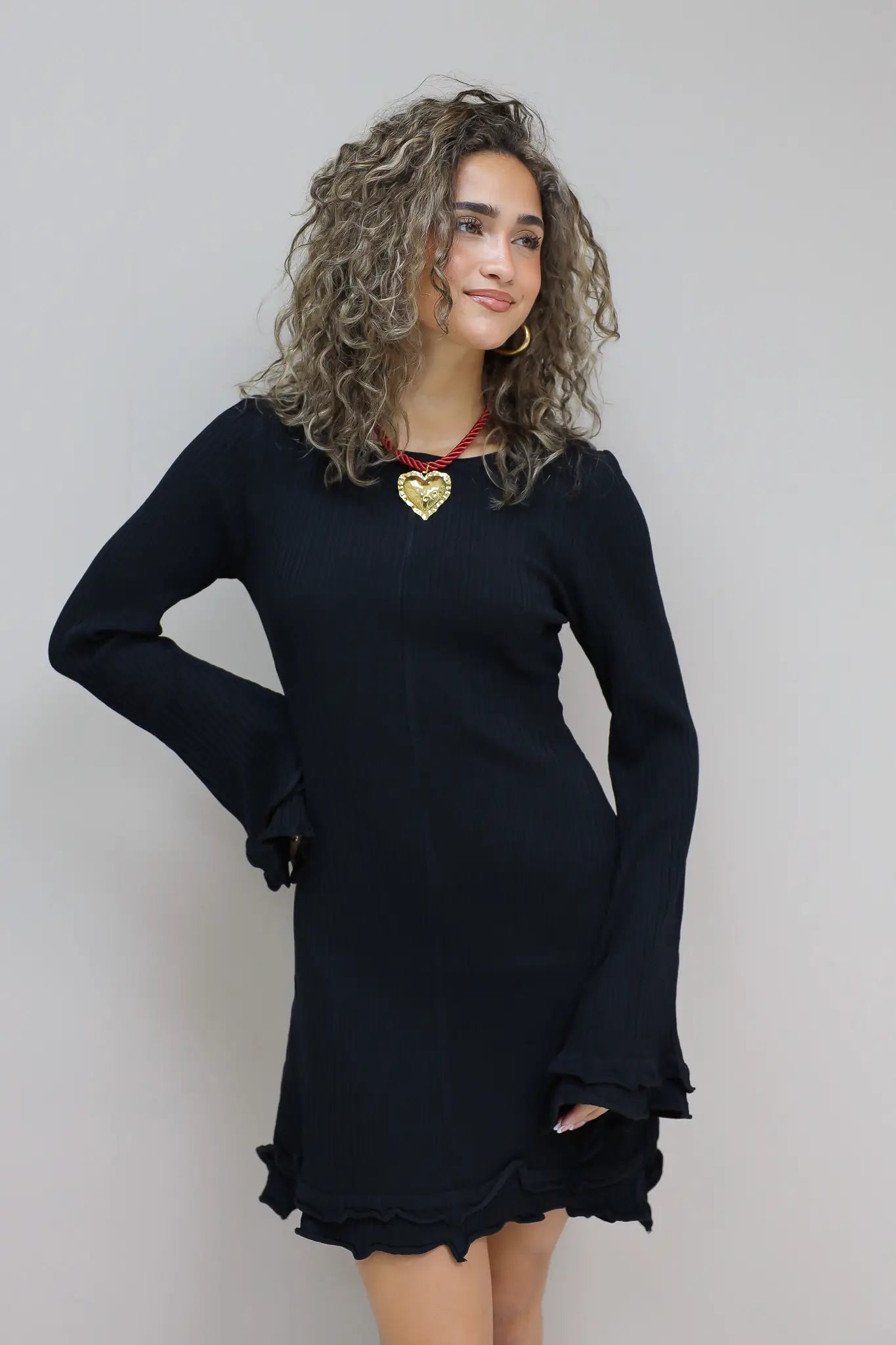 Jurk Lange Mouwen Ruffle Detail Zwart