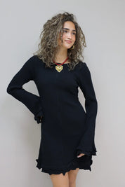 Jurk Lange Mouwen Ruffle Detail Zwart