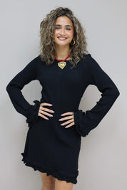 Jurk Lange Mouwen Ruffle Detail Zwart