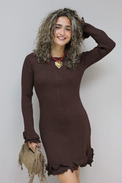 Jurk Lange Mouwen Ruffle Detail Donker Bruin