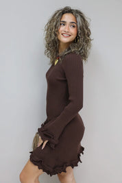 Jurk Lange Mouwen Ruffle Detail Donker Bruin