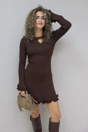 Jurk Lange Mouwen Ruffle Detail Donker Bruin