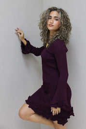 Jurk Lange Mouwen Ruffle Detail Bordeaux