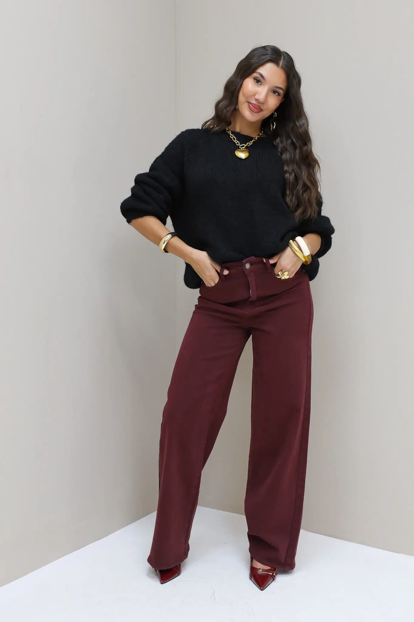 Wide Leg Jeans 9091-7 Bordeaux
