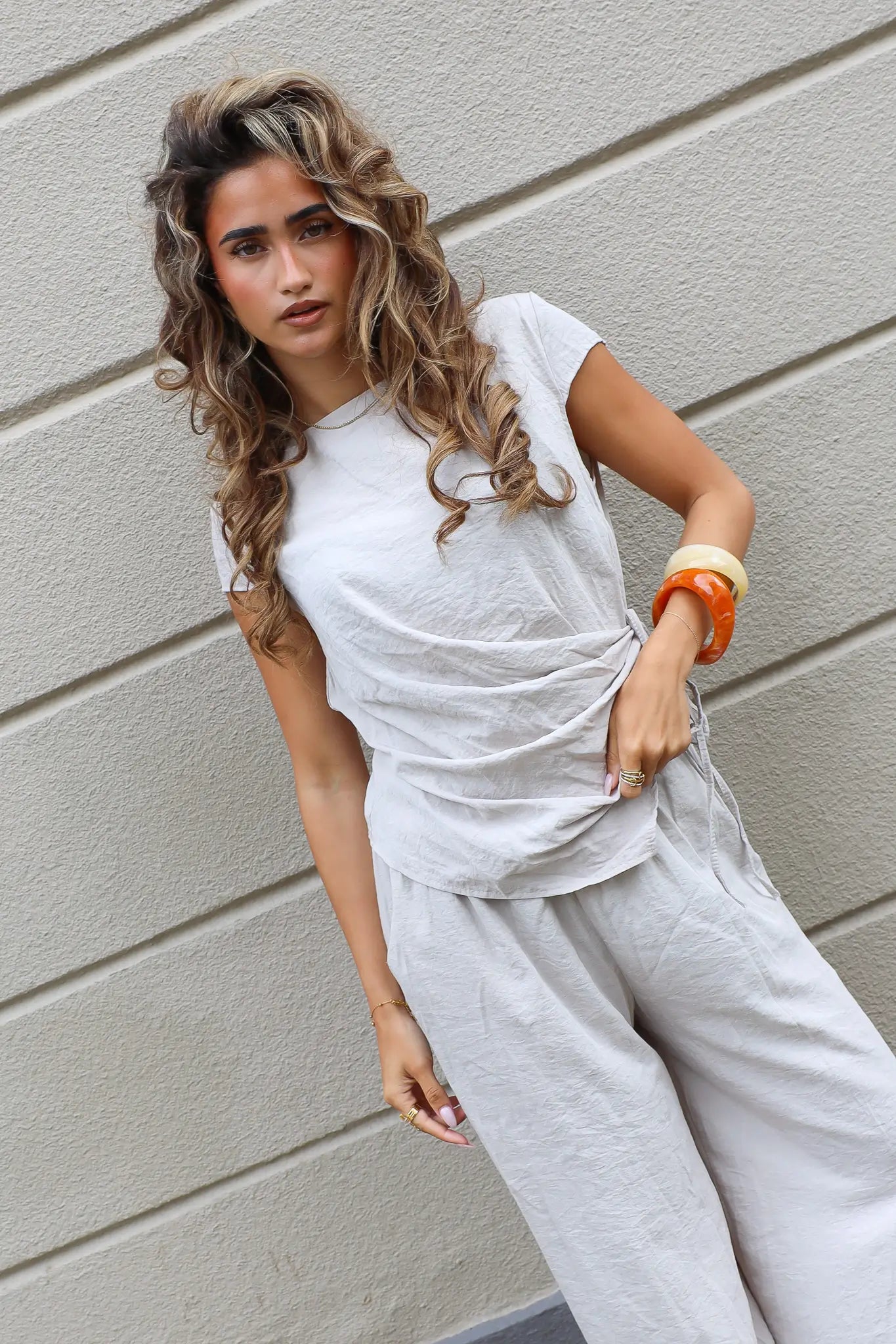Pantalon Wijd Elastiek Beige