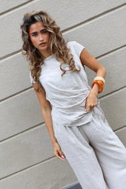 Pantalon Wijd Elastiek Beige