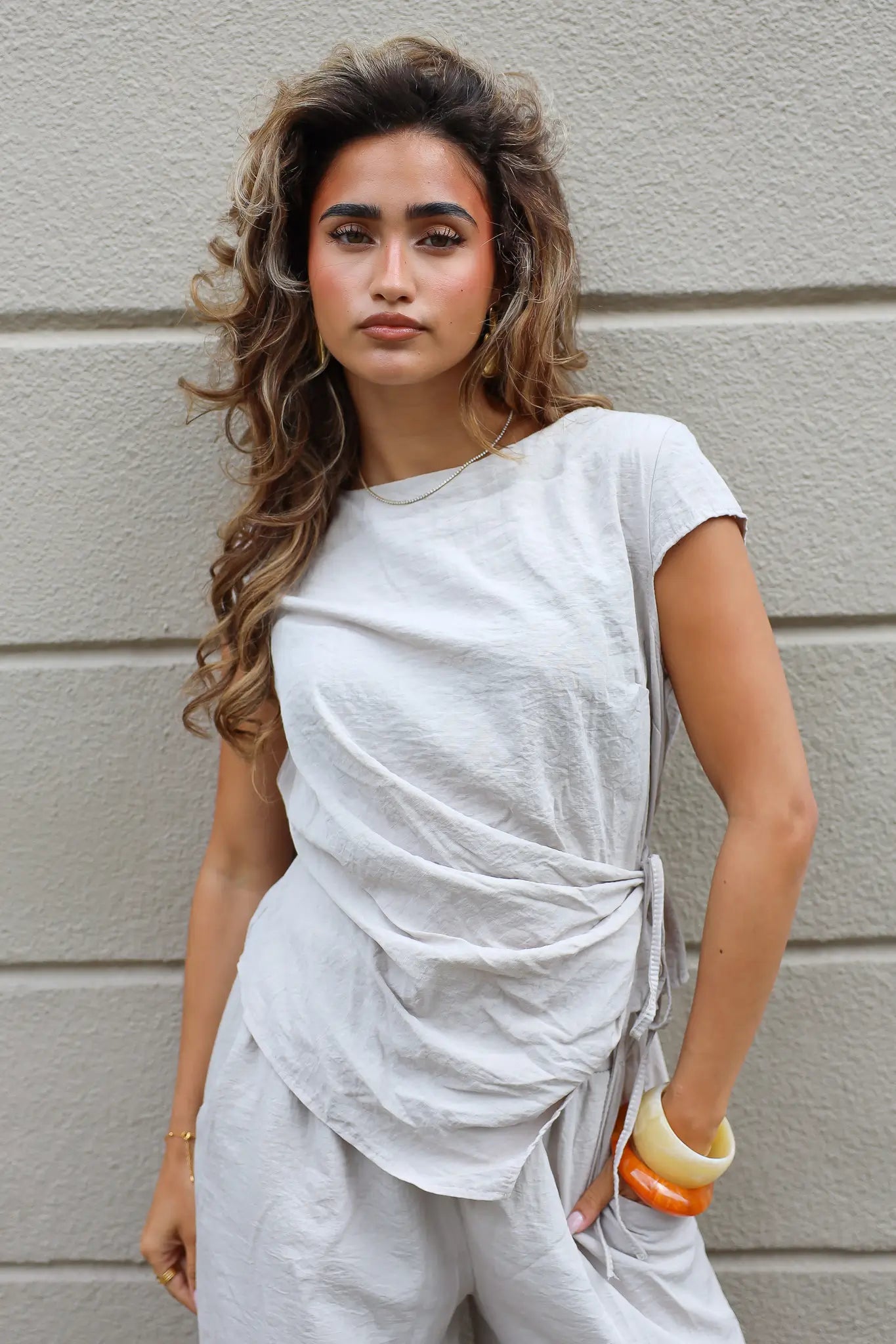 Top Korte Mouw Wikkel Beige