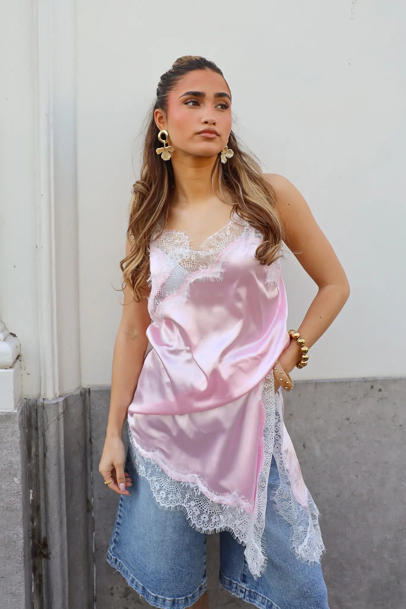 Satijnen Slipdress Asymmetrisch Roze