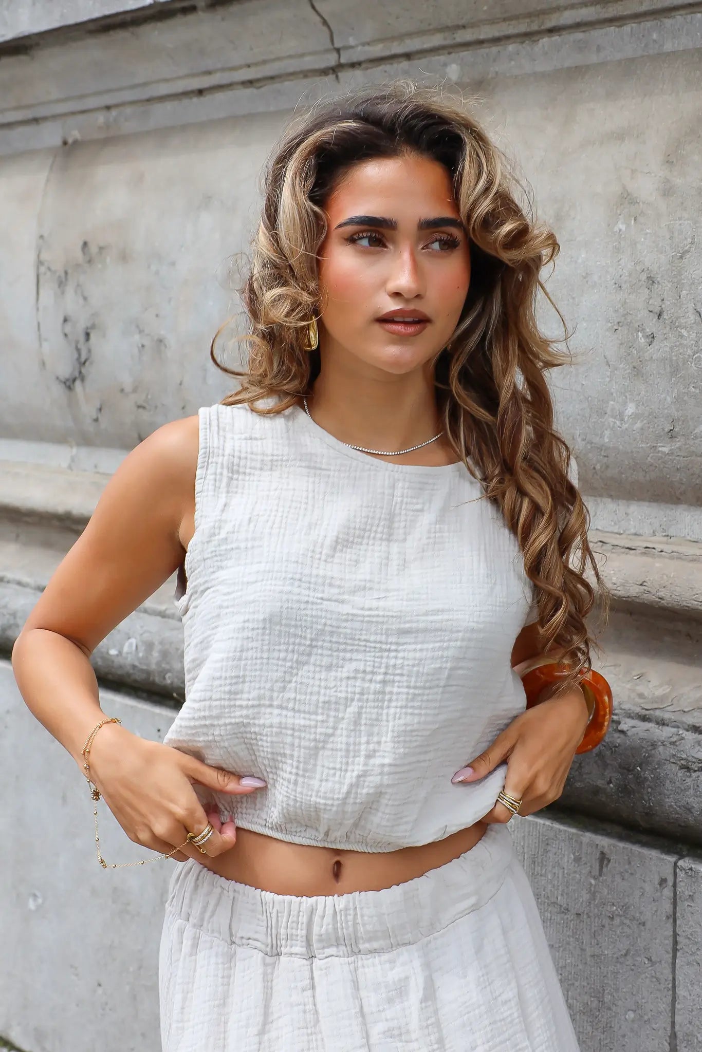 Top Mouwloos Mousseline Beige