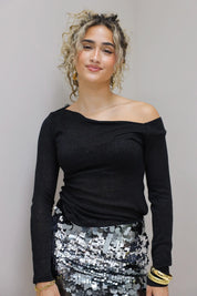 Asymmetrische top lange mouwen zwart t shirt one shoulder Ladylike Fashion