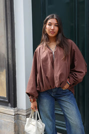 Ballon jasje bruin pof mouwen zomer herfst dames jas Retro Icone Ladylike Fashion