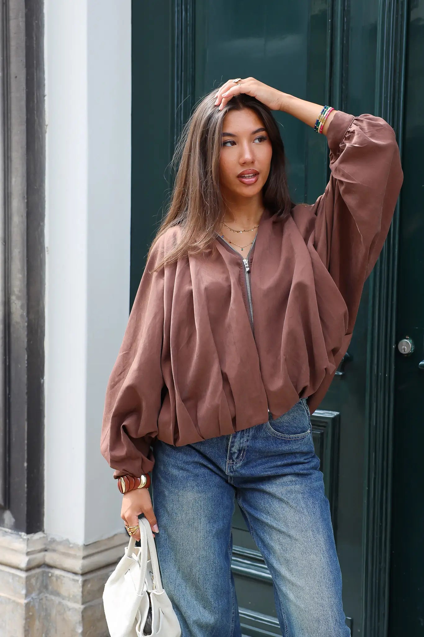 Ballon jasje bruin pof mouwen zomer herfst dames jas Retro Icone Ladylike Fashion