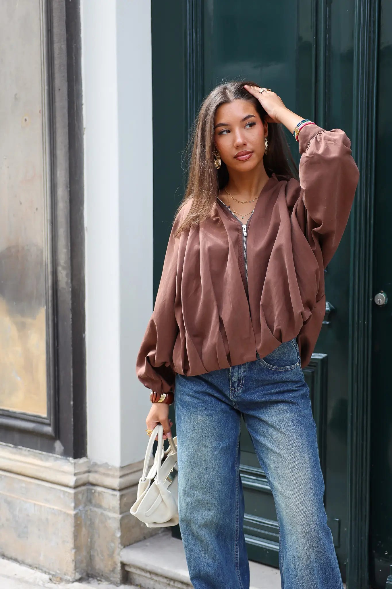 Ballon jasje bruin pof mouwen zomer herfst dames jas Retro Icone Ladylike Fashion