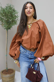 Blouse pofmouwen open rug bruin wikkel dames blouse katoen