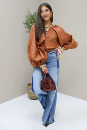 Blouse pofmouwen open rug bruin wikkel dames blouse katoen