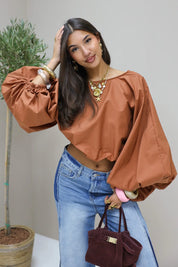 Blouse pofmouwen open rug bruin wikkel dames blouse katoen