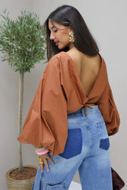 Blouse pofmouwen open rug bruin wikkel dames blouse katoen