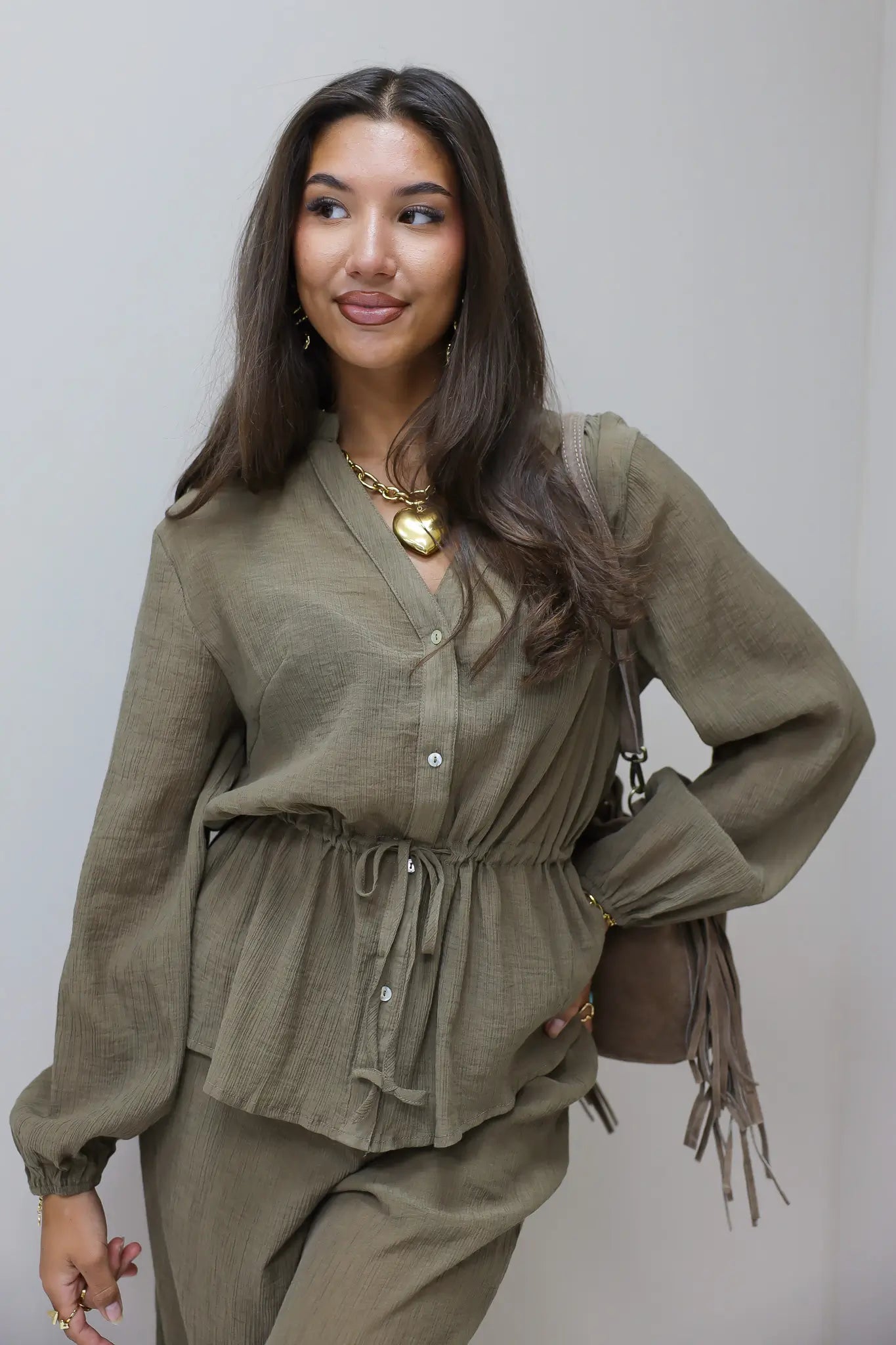 Blouse taillekoord khaki dames blouse structuur stof co ord set