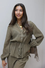 Blouse taillekoord khaki dames blouse structuur stof co ord set