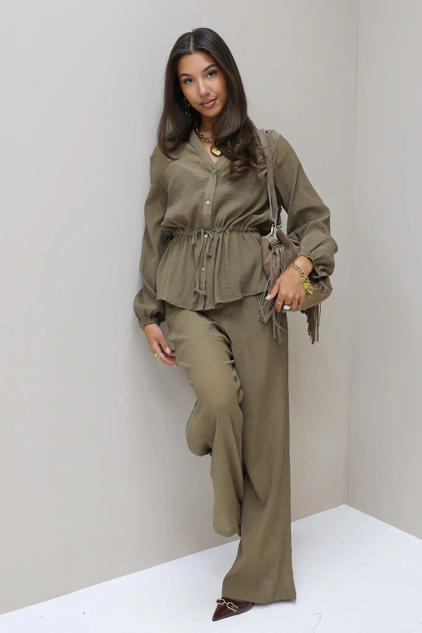 Blouse taillekoord khaki dames blouse structuur stof co ord set