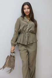Blouse taillekoord khaki dames blouse structuur stof co ord set