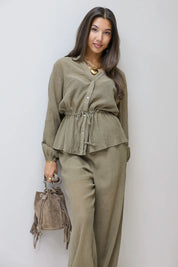 Blouse taillekoord khaki dames blouse structuur stof co ord set