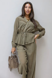Blouse taillekoord khaki dames blouse structuur stof co ord set