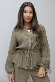 Blouse taillekoord khaki dames blouse structuur stof co ord set