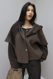 Cape jas capuchon bruin dames herfst jas wol