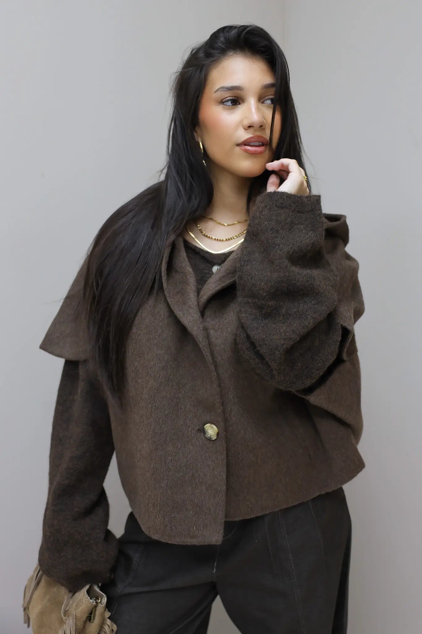 Cape jas capuchon bruin dames herfst jas wol