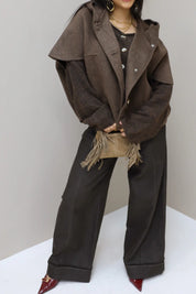 Cape jas capuchon bruin dames herfst jas wol