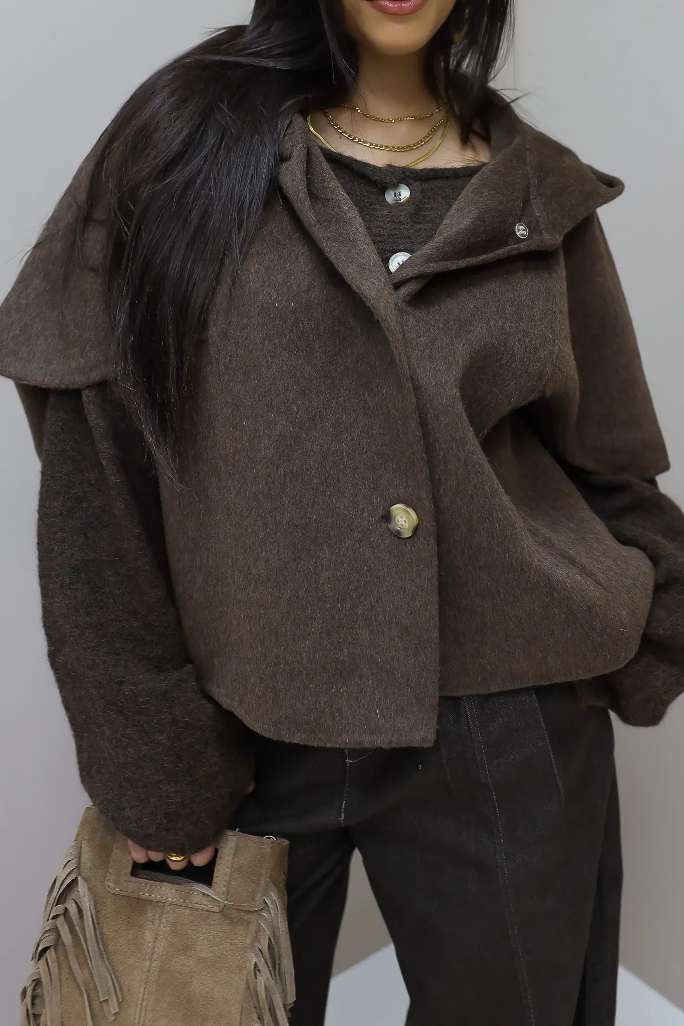 Cape jas capuchon bruin dames herfst jas wol