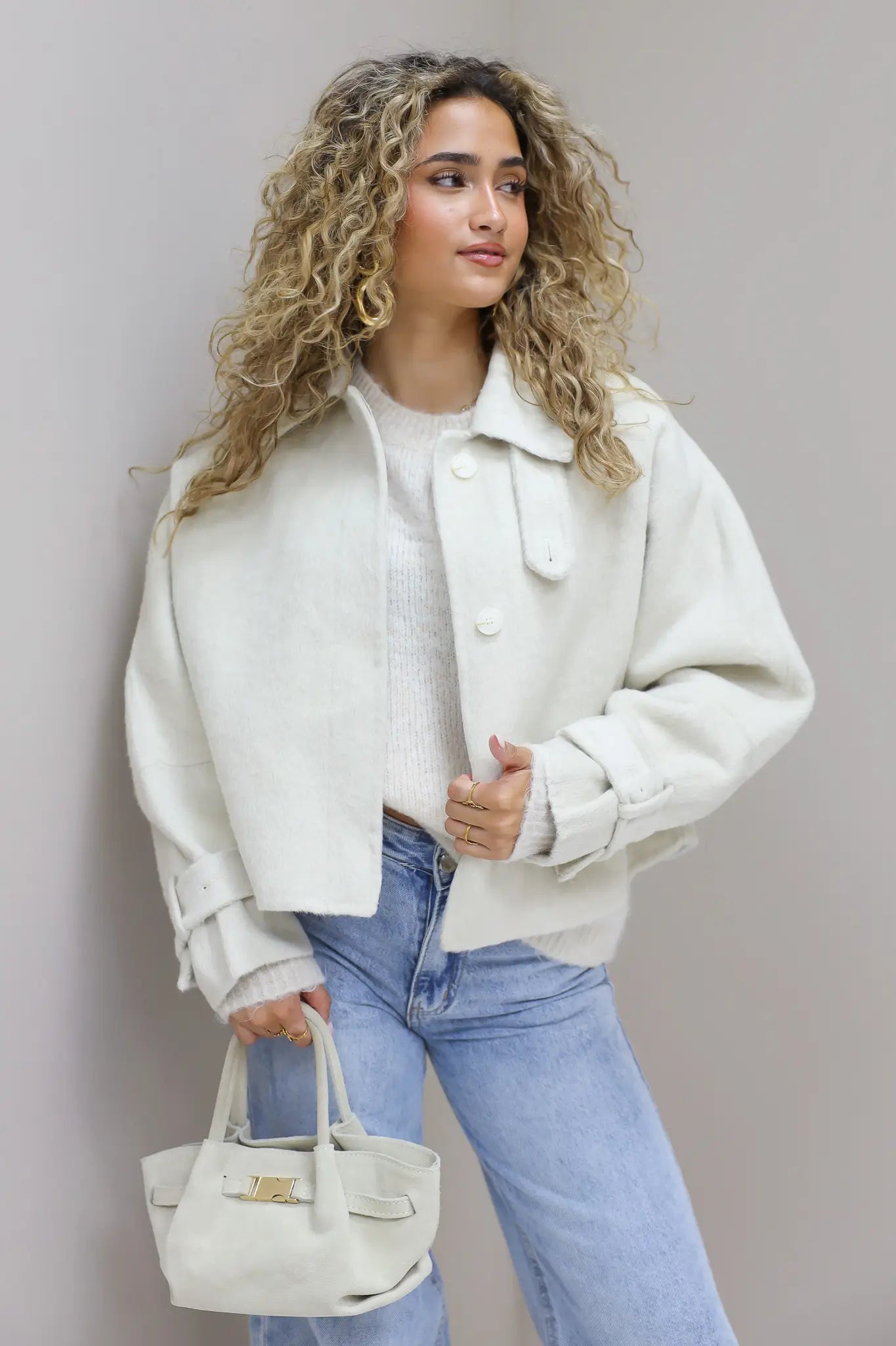 Cropped jas dames beige 100% wollen korte dames jas