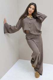 Gebreide pantalon bruin elastiek taille basic lounge broek set
