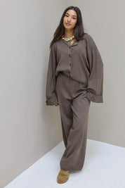 Gebreide pantalon bruin elastiek taille basic lounge broek set