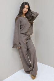 Gebreide pantalon bruin elastiek taille basic lounge broek set