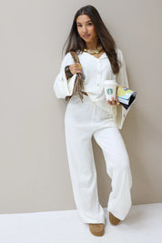 Gebreide pantalon creme elastiek taille basic lounge broek set