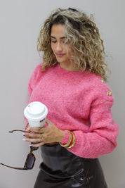 Gebreide trui knoopdetail op de schouder felroze dames winter trui dames