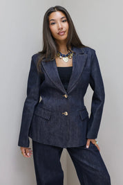 Getailleerde denim blazer donkerblauw met gouden knopen