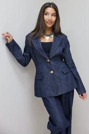 Getailleerde denim blazer donkerblauw met gouden knopen