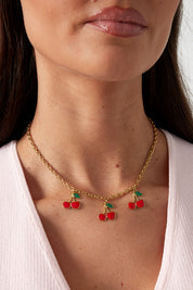 Ketting triple cherry goud dames ketting drie kersen bedels stainless steel waterproof