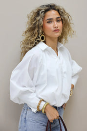 Korte ballon blouse lange mouwen wit brede manchet knoopjes dames Ladylike