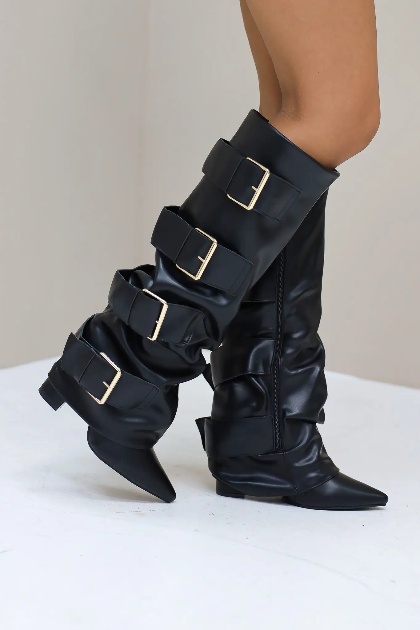 Laarzen gespen zwart hoge hak stoere laarzen vier gespen dames Ladylike Fashion