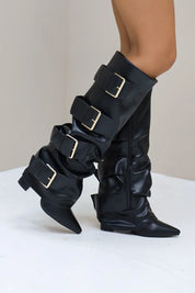 Laarzen gespen zwart hoge hak stoere laarzen vier gespen dames Ladylike Fashion