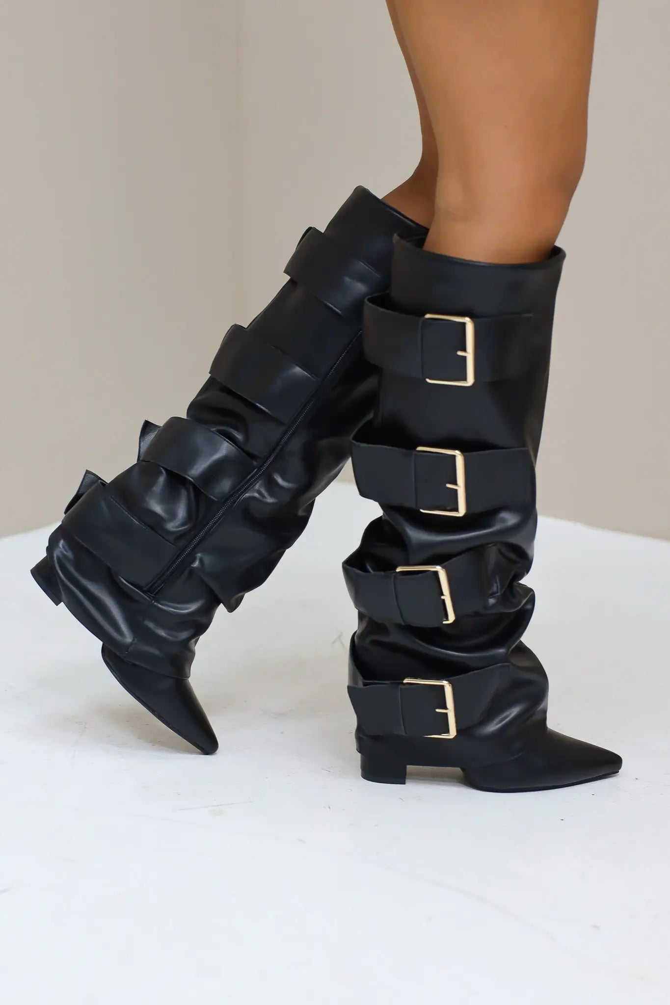 Laarzen gespen zwart hoge hak stoere laarzen vier gespen dames Ladylike Fashion