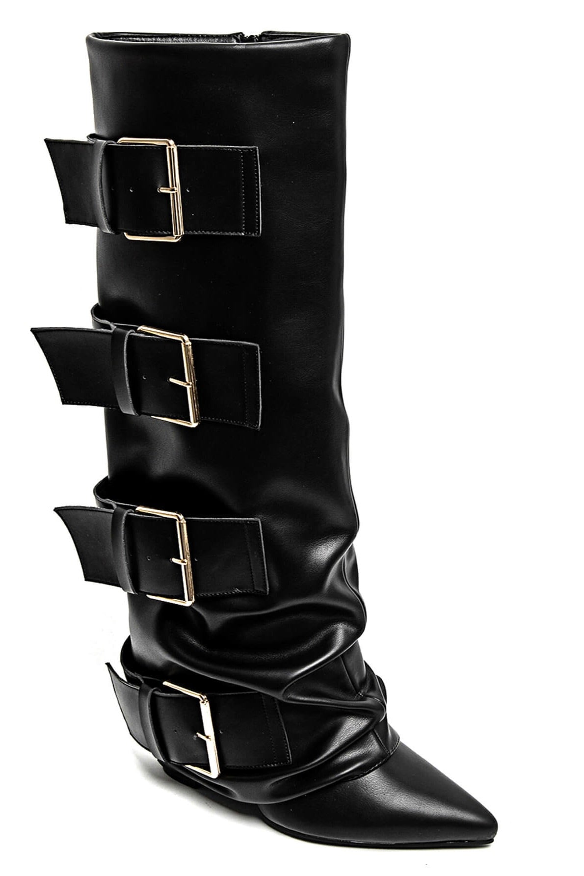 Laarzen gespen zwart hoge hak stoere laarzen vier gespen dames Ladylike Fashion