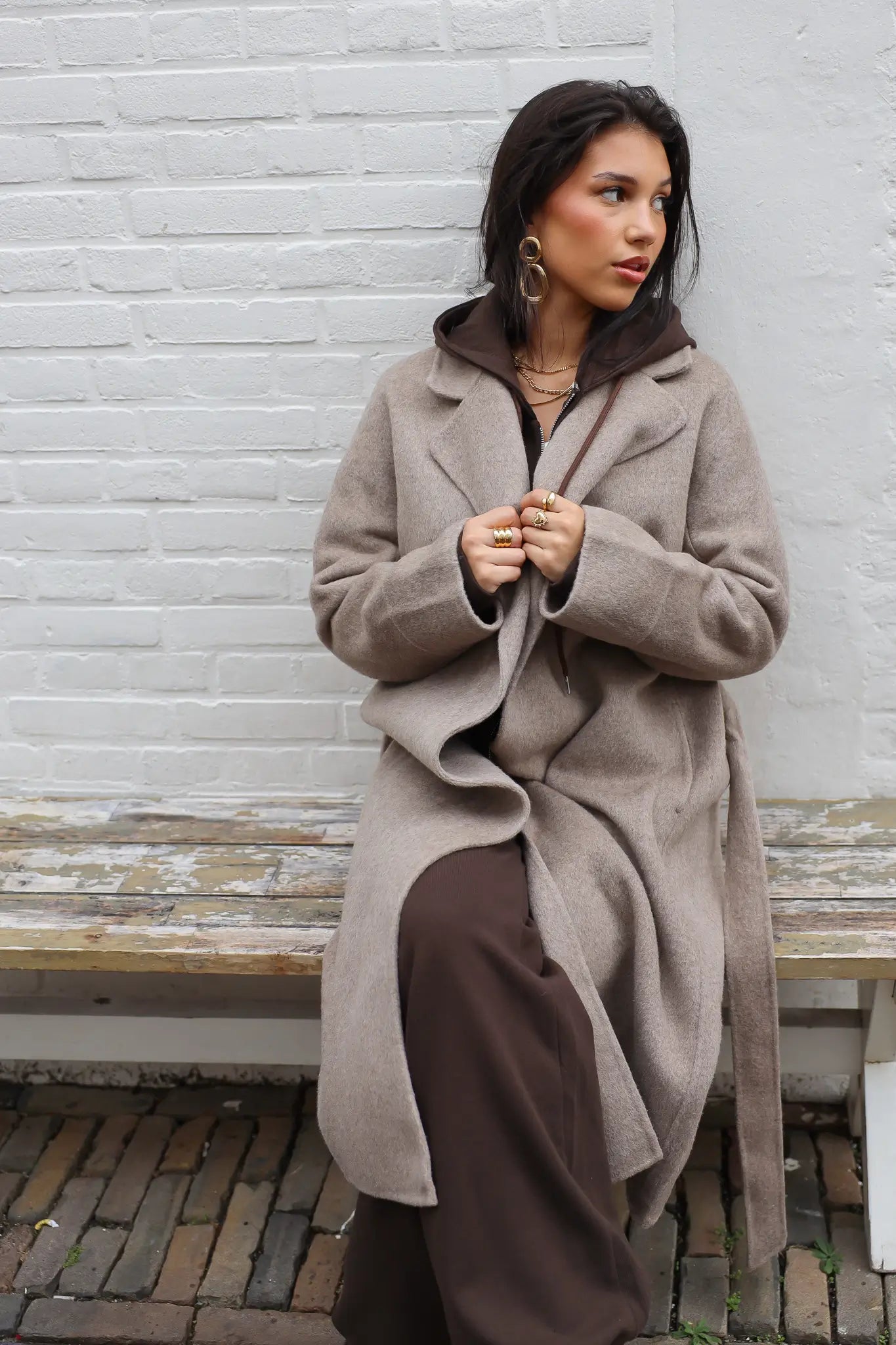 Lange jas wol taupe maxi dames wollen jas Ladylike