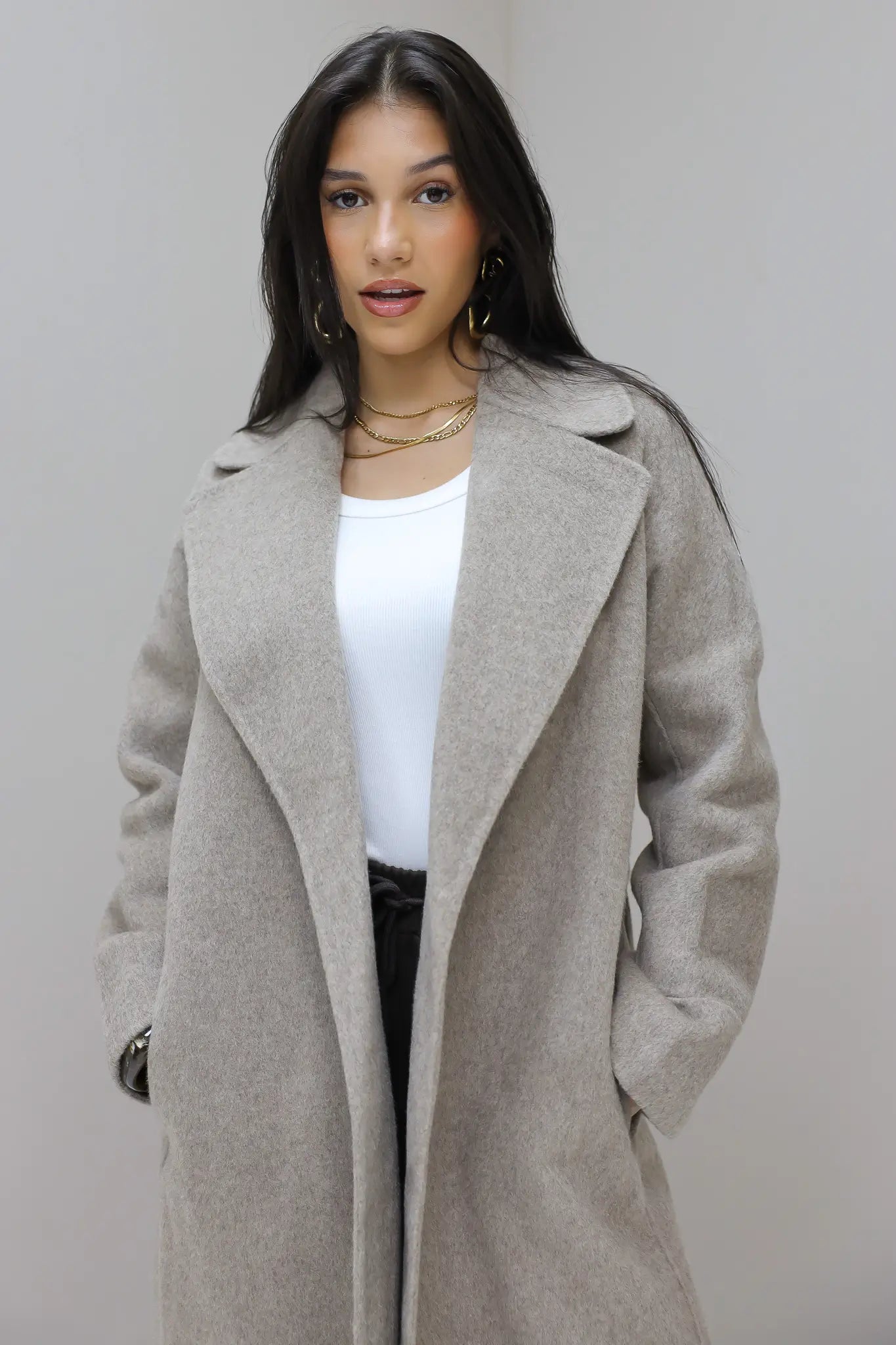 Lange jas wol taupe maxi dames wollen jas Ladylike