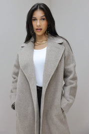 Lange jas wol taupe maxi dames wollen jas Ladylike